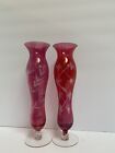 2 PINK TO CLEAR ETCHED GLASS VASES, FLORAL, PINEAPPLE, FOOTED, BOHEMIAN