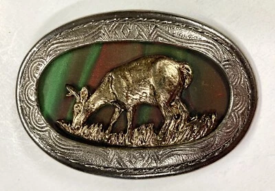 Deer Grazing Brass Belt Buckle Green Brown Holographic Hunting CII New York - Image 1 of 4