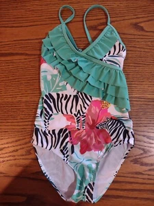 Girls Swimsuit Size 7 Zebras And Flowers One Piece, Adjustable Straps - Picture 1 of 7
