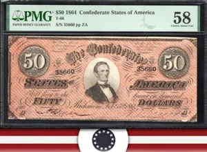DARK RED T-66 1864 $50 CONFEDERATE CURRENCY PMG 58 35660 - Picture 1 of 3