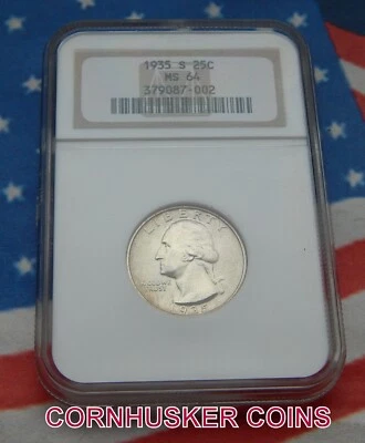 1935 S SILVER QUARTER  NGC MS 64 ~ HARDER TO FIND ~ LOWEST PRICE ON eBay  👀 - Image 1 of 2