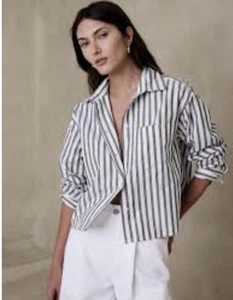 Banana Republic Cropped Shirt Green Cabana Stripe Modern Boxy - Picture 1 of 7
