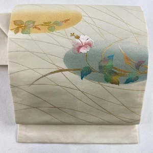 Nagoya Obi Beautiful Gold Silver Hibiscus Leaves and Fruit Reused Excellent - Picture 1 of 5