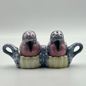 Vintage Japan Lusterware PARROT BIRD SALT AND PEPPER SHAKERS with Tray - Picture 1 of 8