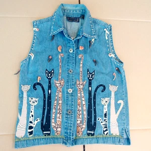 Chaleco Vintage Gato Dama Mujer Talla S Denim Jean Kitsch Bordado Abuela Años 90 - Imagen 1 de 9