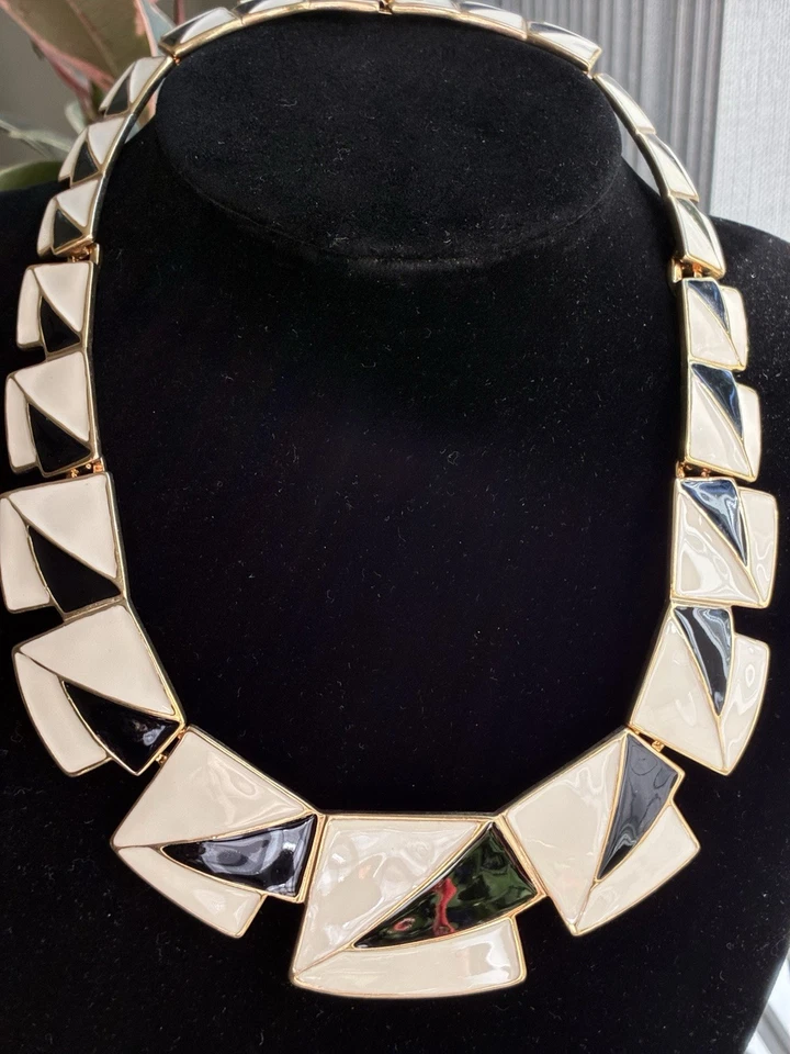 Enameled Black/White Statement Necklace Gold Tone - Image 1 of 4