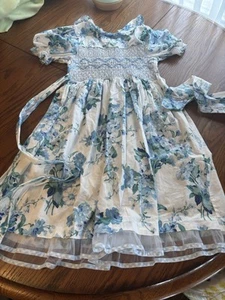 vtg polly flinders girls white blue flowers prairie peasant dress 10 USA smocked - Picture 1 of 4