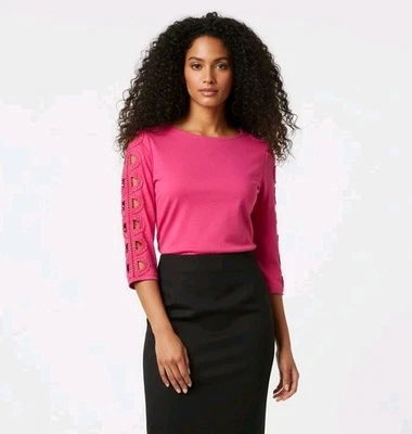 Talbots Petites Pink Crochet Sleeve Top 3/4 Sleeve Knit Shirt Women’s P Small - Image 1 of 4