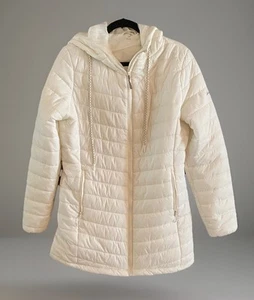 Eddie Bauer Jacket Womens Medium White Full Zip Hoodie 650 Down Mid Length Light - Picture 1 of 6