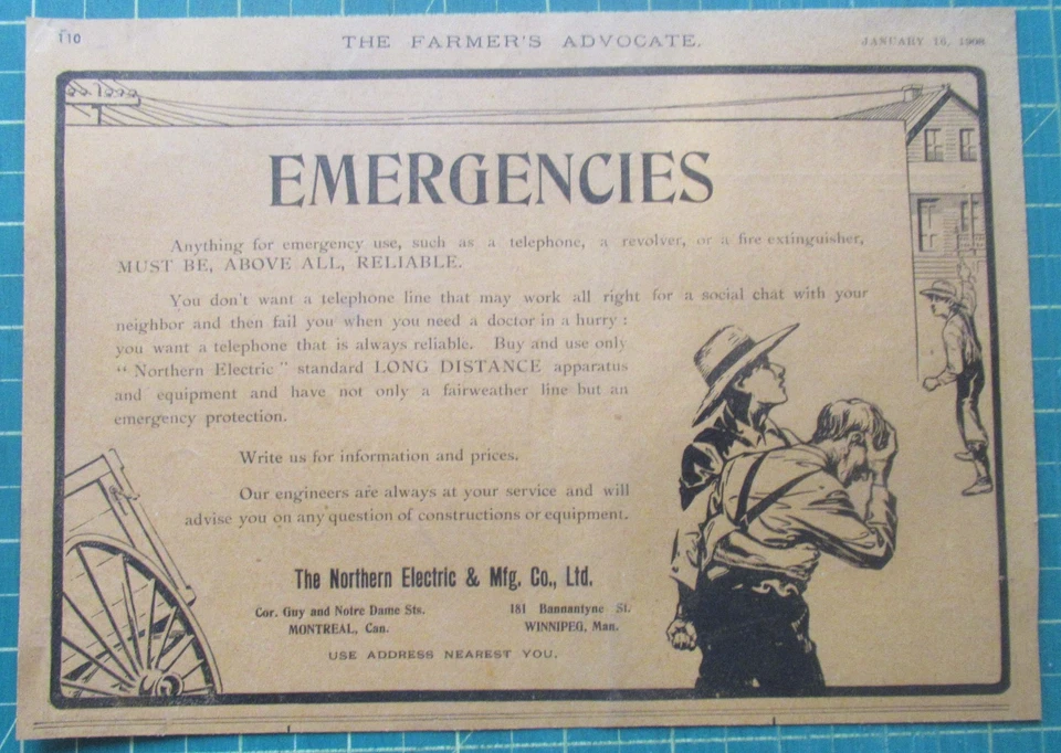 1908 Canadian Northern Electric print ad Telephone for Emergencies - Image 1 of 1