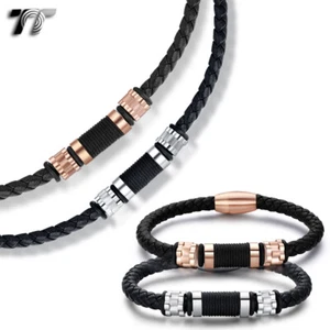 TT Black Leather Bead S.Steel Magnet Buckle Collar Necklace+Bracelet NEW - Picture 1 of 7