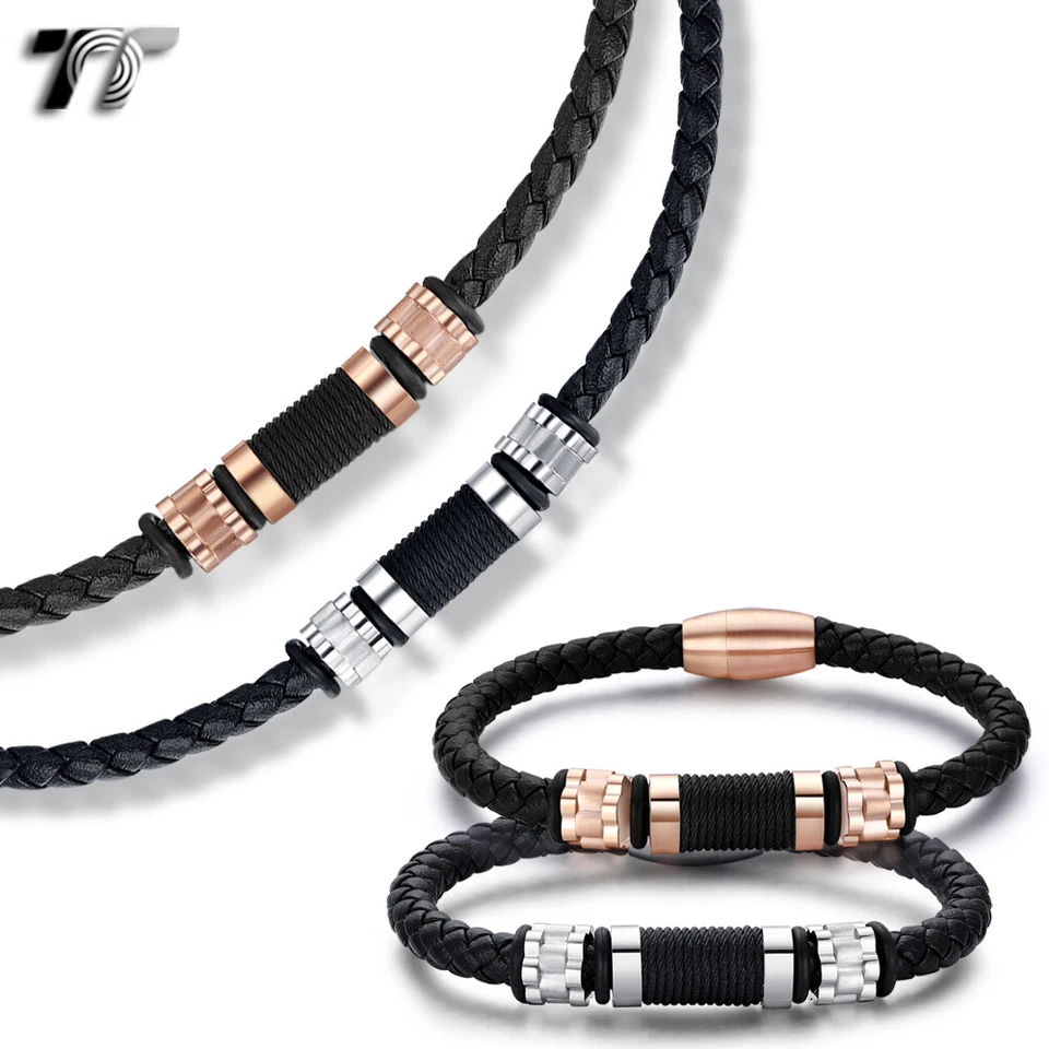 TT Negro Cuero Cuentas S. Acero Imán Hebilla Collar Collar + Pulsera NUEVO Foto 1 de 1