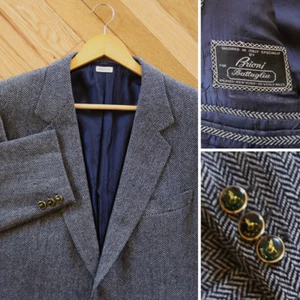 Brioni Blazer Men's 44R Gray Herringbone Lambswool Gold Button Sport Coat ITALY - Picture 1 of 9
