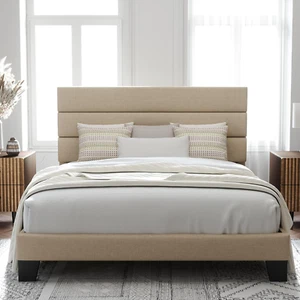 Queen Size Platform Bed Frame with Fabric Upholstered Headboard and Wooden Slats - Picture 1 of 8