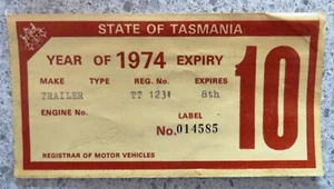 Vintage Auto Ephemera TRANSPORT Sticker: TASMANIAN REGISTRATION 1974 (Trailer) - Picture 1 of 2