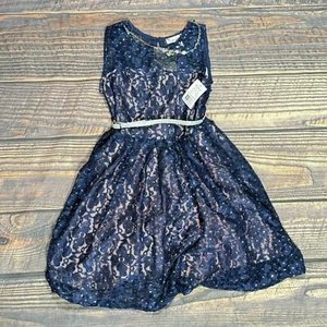 Knit Works Girls Navy Lace Mesh Rosette Lined Dress Belt Necklace 12 New NWT - Picture 1 of 7