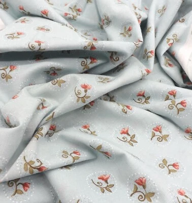 Fabric Traditions 2003 Pink Floral Flowers Pale Blue Background Fabric 1 yd - Image 1 of 4