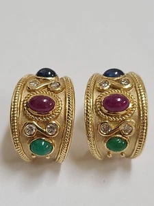Vintage Antique Inspired Earring 14k Gold Ruby Sapphire Emerald ArtScroll Design - Picture 1 of 14