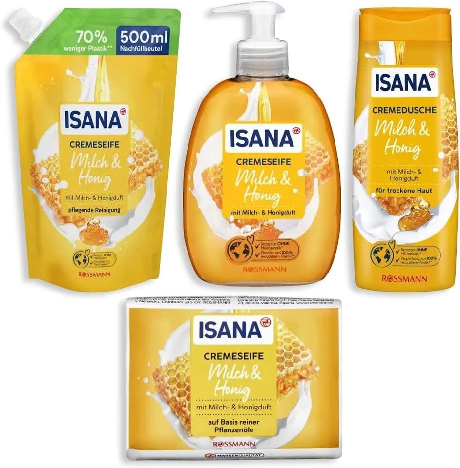 4er Set: Cremeseife Milch & Honig, Nachfüllbeutel, Cremedusche, Feste Seife - Bild 1 von 1