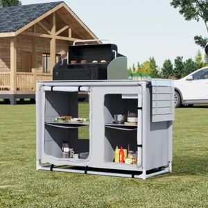 Camping Cupboard Foldable Kitchen Compartment Storage Shelf Unit with Windshield - Picture 1 of 8
