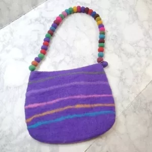 Felt Purse Shoulder Bag Purple Colorful Pompom Strap Retro Hippie 70s Kidcore - Picture 1 of 7