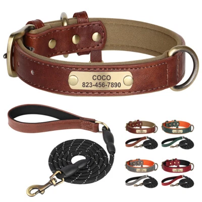 Soft Leather Personalised Dog Collar Pet Name Engraved Reflective Walking Leash - image 1 of 4
