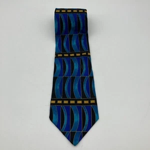 Corbata de seda geométrica vintage Barry Wells azul verdoso dorada, hecha en EE. UU. - Imagen 1 de 6