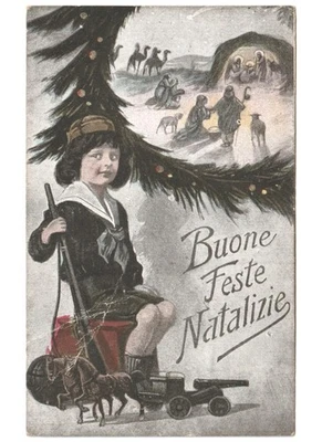 Natale antica cartolina augurale bambino giocattoli presepe re magi -Difetto - Immagine 1 di 2