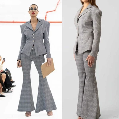 Modern Women Suit Gray Check Jacket Single Breasted Pants Business Fashion - Image 1 of 4