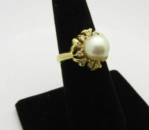 9mm Pearl & Diamonds Halo Style in Solid 14k Yellow Gold Ring 7.8 gr size 6 - Picture 1 of 11