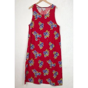 VTG WESTBOUND Linen Cotton Midi Dress Sz L Red Floral Shift Jumper Cottage - Picture 1 of 12