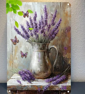 ARTE METÁLICO - Flores y mariposas púrpura lavanda en jarra plateada, 7,87 x 11,81 - Imagen 1 de 3