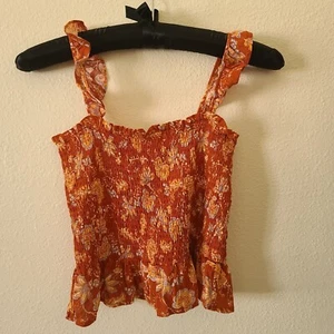 NEW Rachel Zoe Cropped Tank Top Size S Smocked Ruffles Floral Rust Gold - Picture 1 of 9