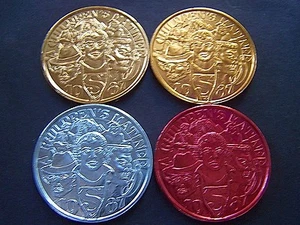 1987 SUPERMAN+RAMBO+KRUGER+NINJA+FRANKENSTEIN Aluminum Mardi Gras Doubloon Set - Picture 1 of 9