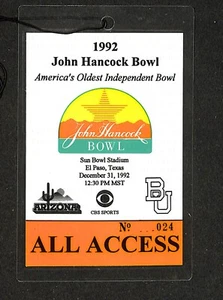 DECEMBER 31, 1992 JOHN HANCOCK BOWL, ALL ACCESS PASS, LAMINATED - Picture 1 of 2
