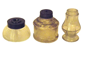 3 VINTAGE INK WELLS - 1 RIBBED GLASS W/BAKELITE TOP - 1 W/METAL TOP - 1 W/NO TOP - Picture 1 of 9