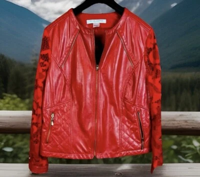 CHAQUETA PETER NYGARD MUJER ROJA IMITACIÓN CUERO Y ENCAJE FLORAL CREMALLERA COMPLETA TALLA P MED Foto 1 de 4