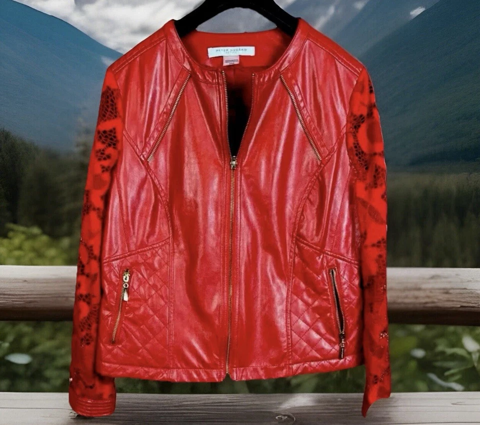CHAQUETA PETER NYGARD MUJER ROJA IMITACIÓN CUERO Y ENCAJE FLORAL CREMALLERA COMPLETA TALLA P MED Foto 1 de 4