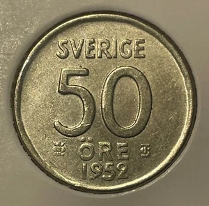 Sweden 50 ore 1952 TS Gustaf V & Larger Crown KM#825 400Ag Silver 4.8g aVF+ B274 - Picture 1 of 8