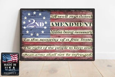 Placa de pared de letrero de pistola de metal patriótica de 9"x12" con bandera estadounidense usada de la Segunda Enmienda Foto 1 de 4