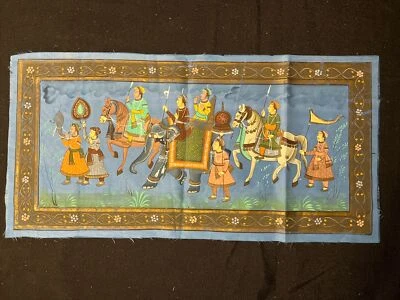 Vintage 1950 India Hand Painted Silk 19” Mughal Rajah Elephant Procession Scene - Image 1 of 4