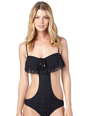 ROXY GYPSY LUNA CROCHET BANDEAU VOLANTE MONO TRAJE DE BAÑO NEGRO MEDIANO $78  Foto 1 de 2
