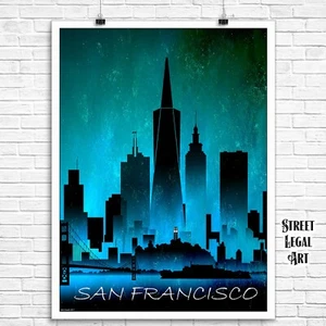 San Francisco California City Watercolor Skyline at Night Print, Travel Decor - Picture 1 of 3