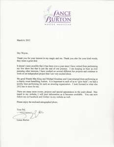 Lance Burton REAL Firmada a Mano Carta Mecanizada Certificado de Autenticidad Autografiado Mago ALS - Imagen 1 de 2