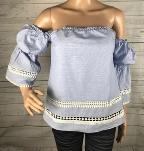 White House Black Market schulterfreie Bluse Gr. 4 hellblau Blumen Bauerntop - Bild 1 von 12