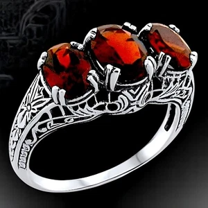 ART DECO STYLE GENUINE 3.5 CARAT GARNET 3 STONE 925 STERLING SILVER RING #249 - Picture 1 of 4