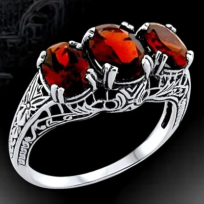 ART DECO STYLE GENUINE 3.5 CARAT GARNET 3 STONE 925 STERLING SILVER RING    #249 - Image 1 of 4