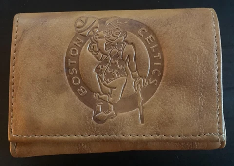 Boston Celtics NBA Team Logo Embossed Light Brown Leather Trifold Wallet Cover