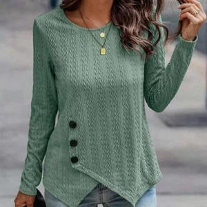 Plus Size Women's Casual T-shirt Solid Long Sleeve Button Round Neck T-shirt - Picture 1 of 7