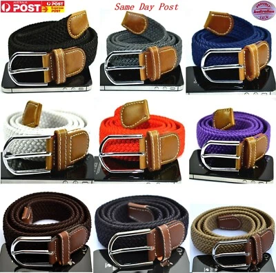 AU Men Women Stainless Buckle Leather Canvas Knit Elastic Belt 105cm or 120cm  - image 1 of 4